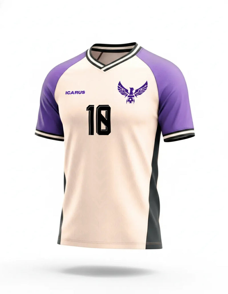Beige and purple sports jersey with number 18 and 'Icarus' branding on a white background
