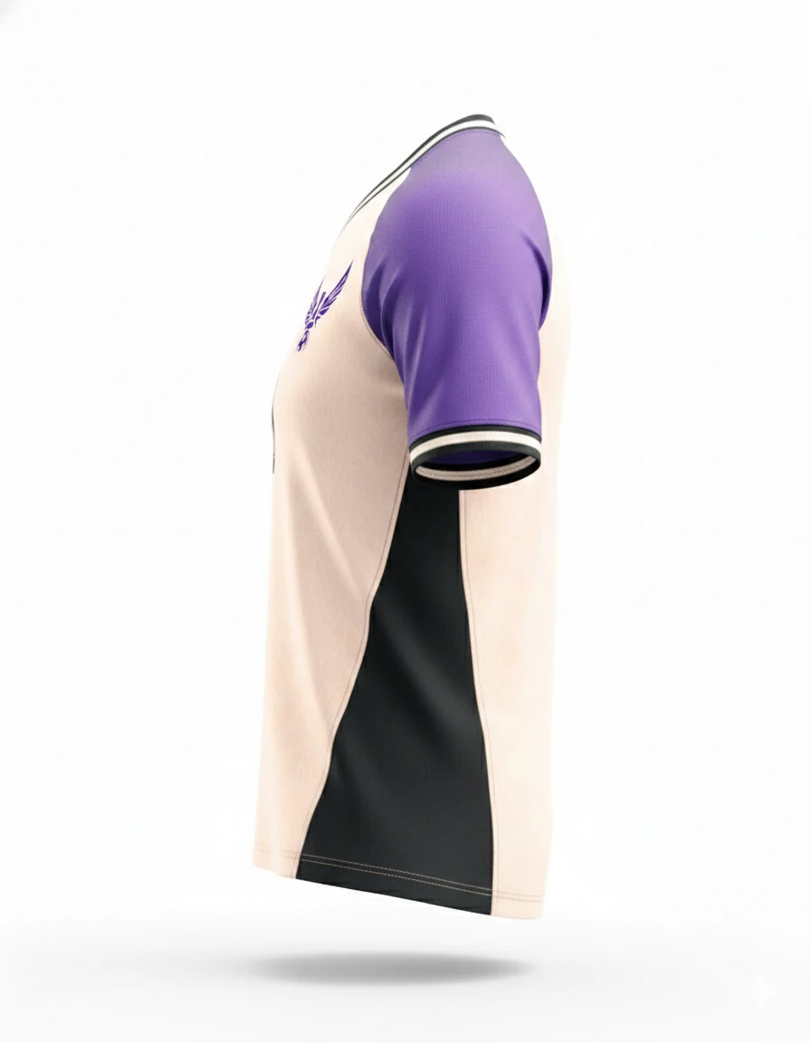 Purple, beige, and black sports jersey on a white background