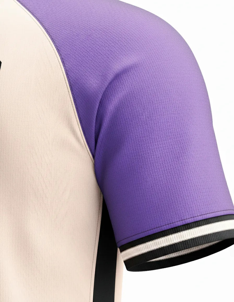 Close-up of a shirt with purple sleeves and beige body on a white background